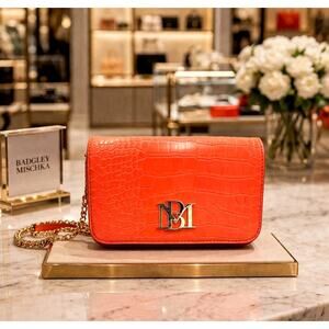 Badgley Mischka Croco Crossbody with Logo Plate - Orange